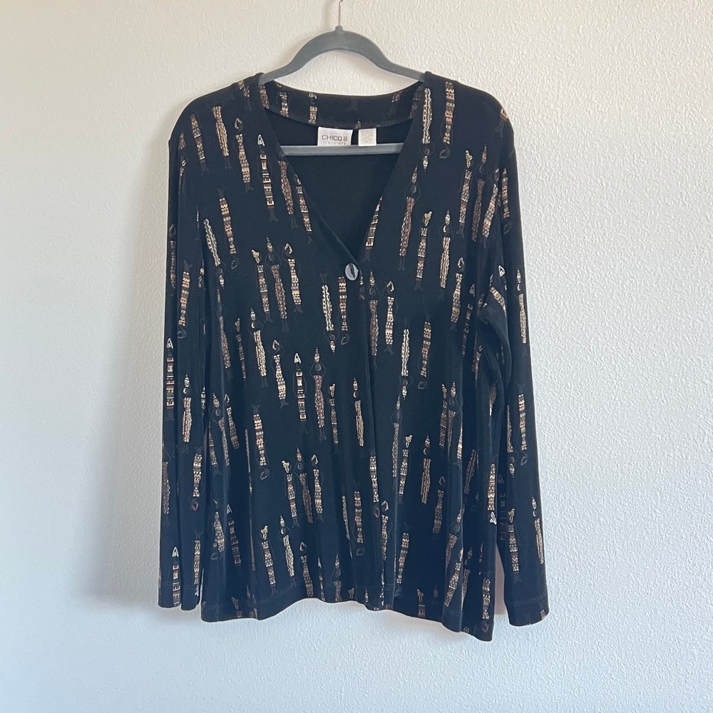 Chico's Travelers Black Tribal Print V-Neck Cardigan Size 3/XL Ethnic Indie Folk